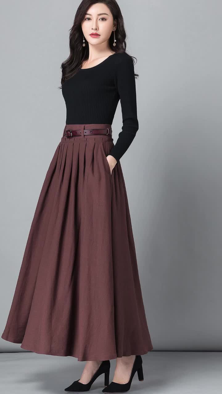 スカート 8249 Two-way color combination maxi skirt brown Brown Linen Skirt, Long Maxi Skirt Work Outfit, Long Linen