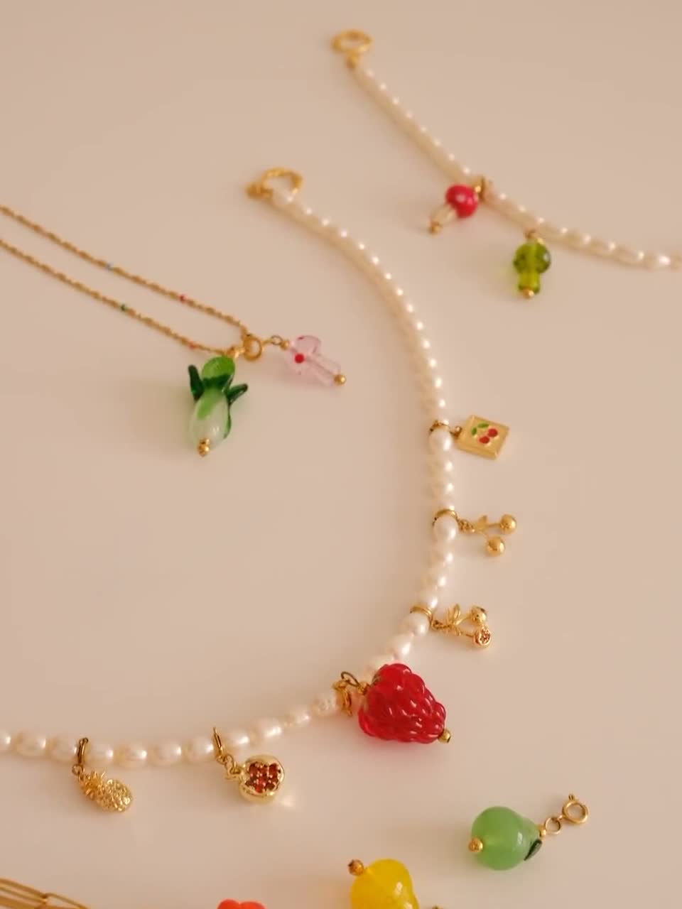 韓国発【TATIANA】Cherry Ball Beads Necklace FRUIT COLLECTION Detachable Charm, Raspberry Bok Choy Cherry