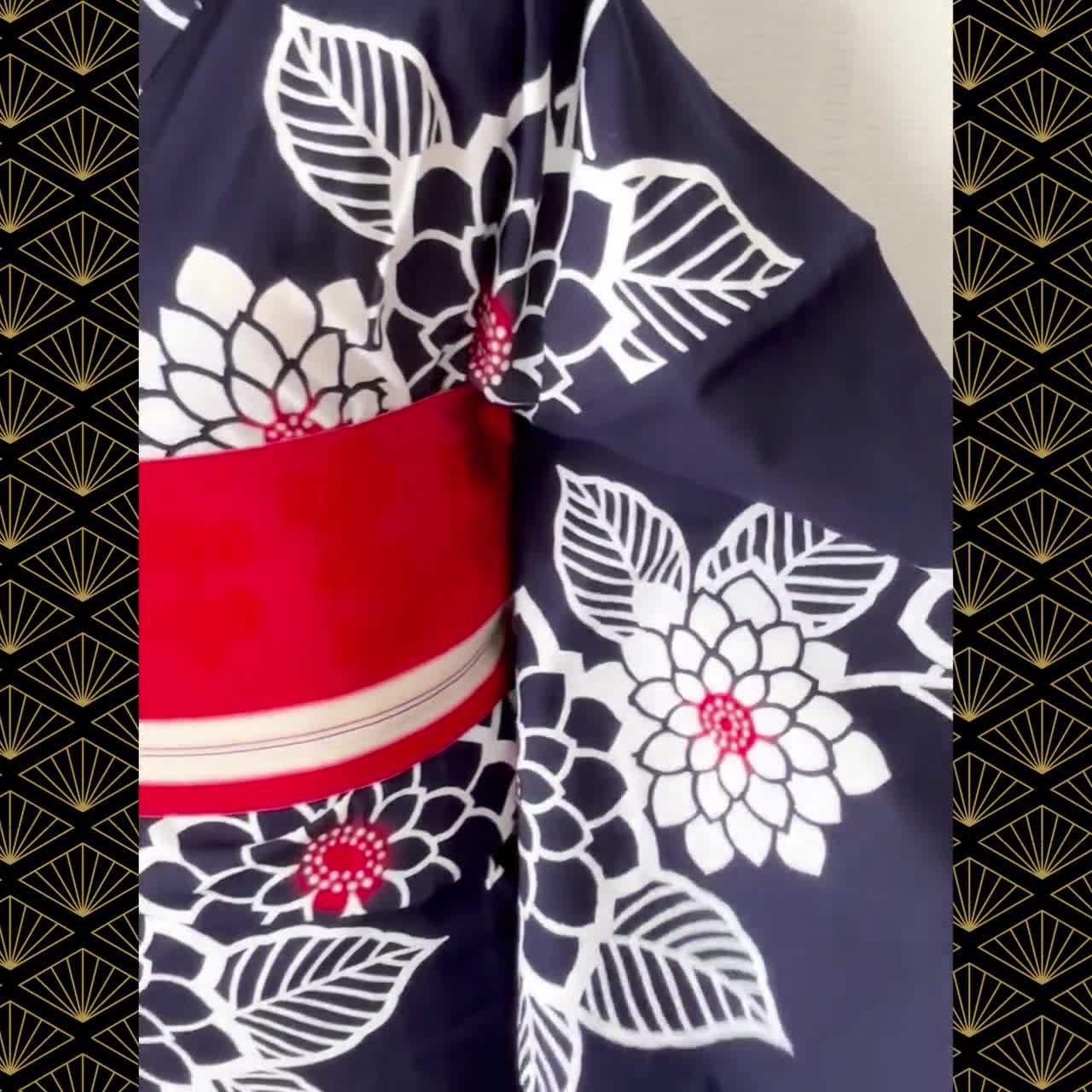 Chusen-dyed Yukata & Hakata-ori Obi Set – Bird Motif, Navy Floral