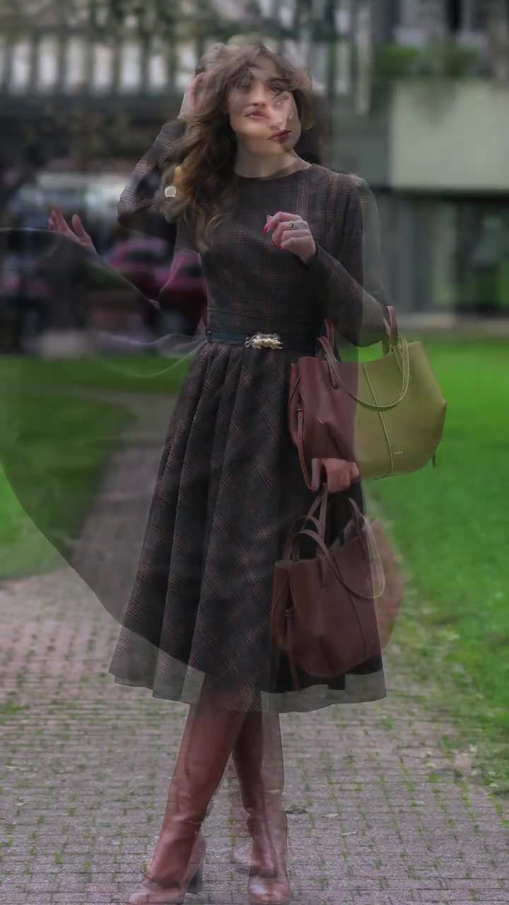 ENFÖLD Firm Wool Combination DRESS Wool Midi Dress, Plaid Wool Dress, Swing Wool Dress, Long Sleeve