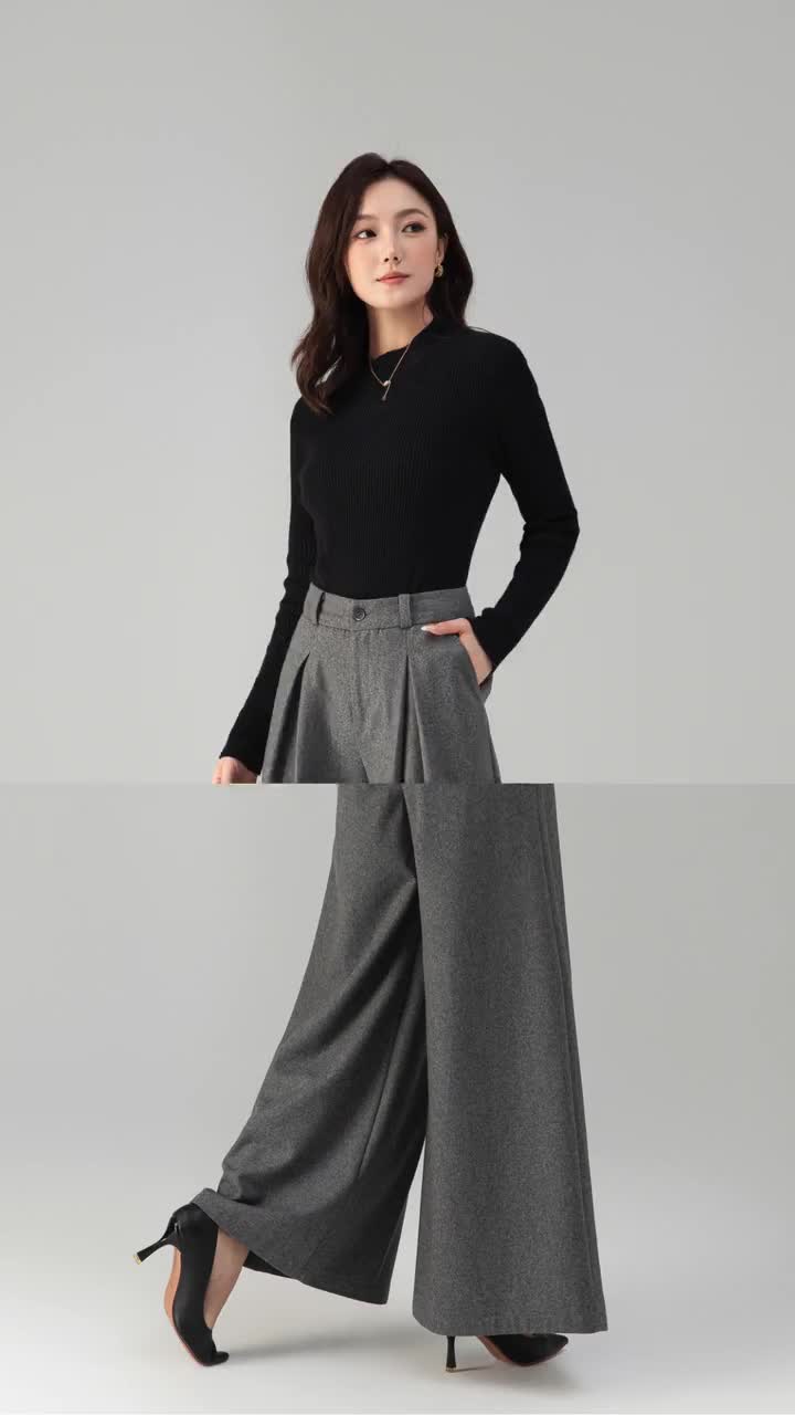 Gray Wool Blend Wide Leg Pants: High Waisted Women's Pleated