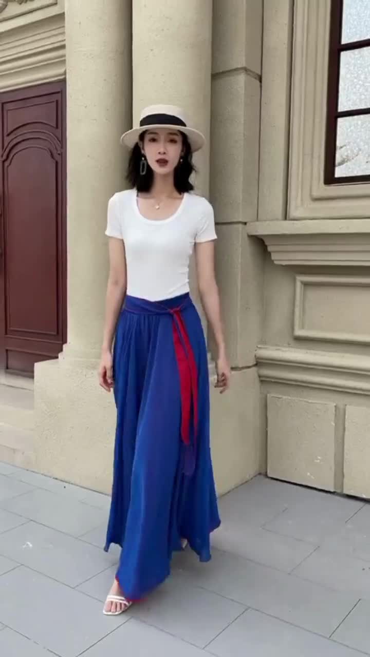 Chiffon Maxi Skirt Women, Red and Blue Chiffon Skirt, Swing