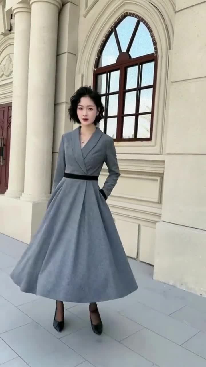 Gray Wool Dress, Vintage Style Dress, Winter Dress Women